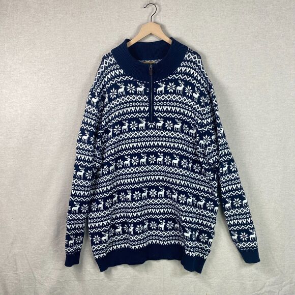 Foundry Mens Fair Isle 1/4 Zip Sweater Size 4XLT Cotton Reindeer Snowflakes Blue
